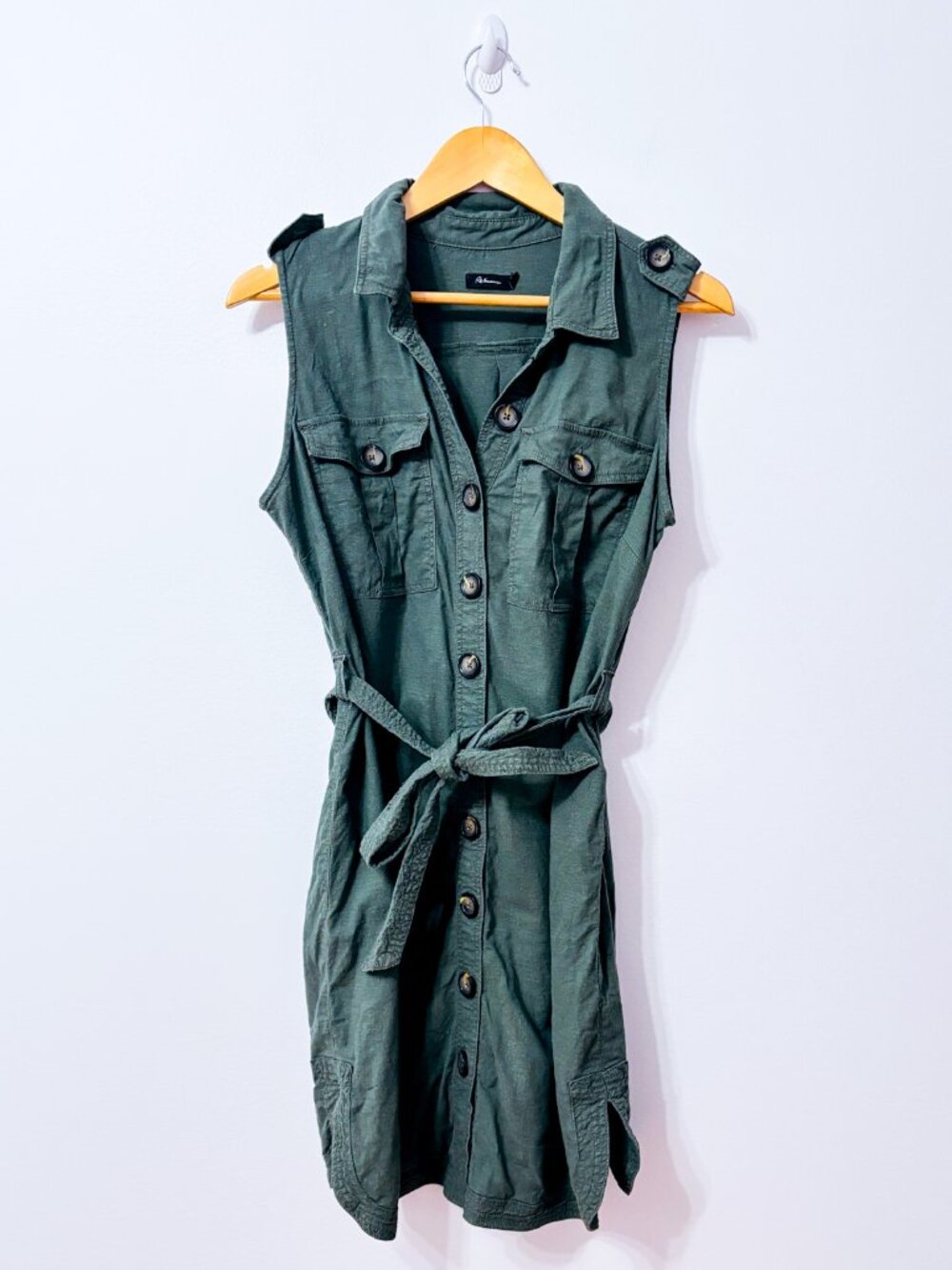 REITMANS Olive Green Linen Blend Sleeveless Belted Shirt Dress Size 12
